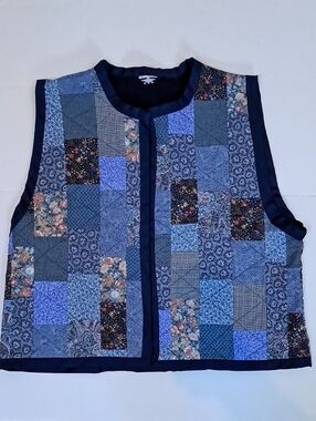 Patchwork Quilted Vest Blue Tones Handmade Open Front Warm Cozy